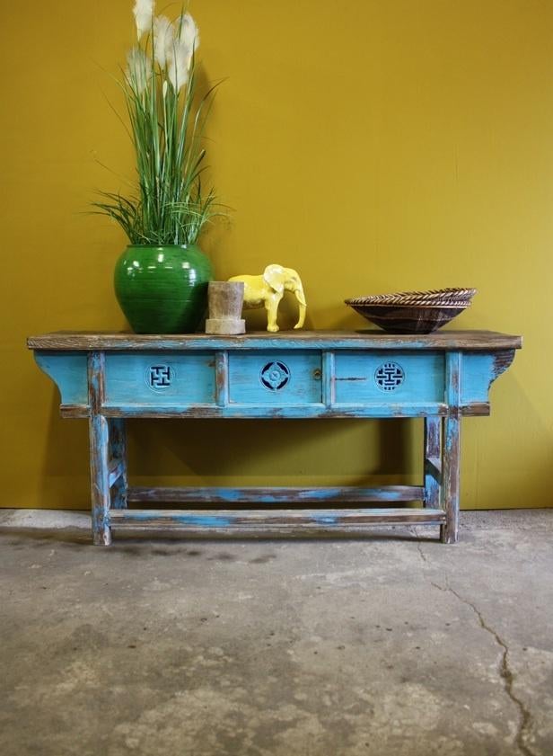 Stoer Blauw Oud Houten Sidetable Uniek Landelijk Wandmeubel, Huis en Inrichting, Tafels | Sidetables, Nieuw, Ophalen of Verzenden