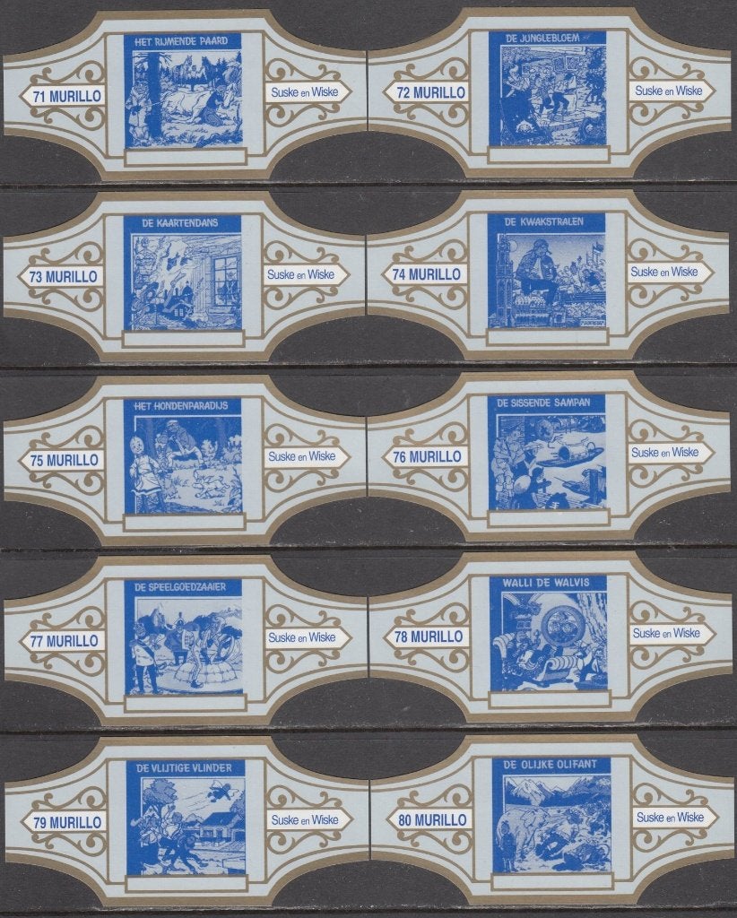 Sigarenbanden Suske en Wiske albumafbeeldingen, Mu. 71-80, Ophalen of Verzenden, Nieuw, Sigarenbandjes