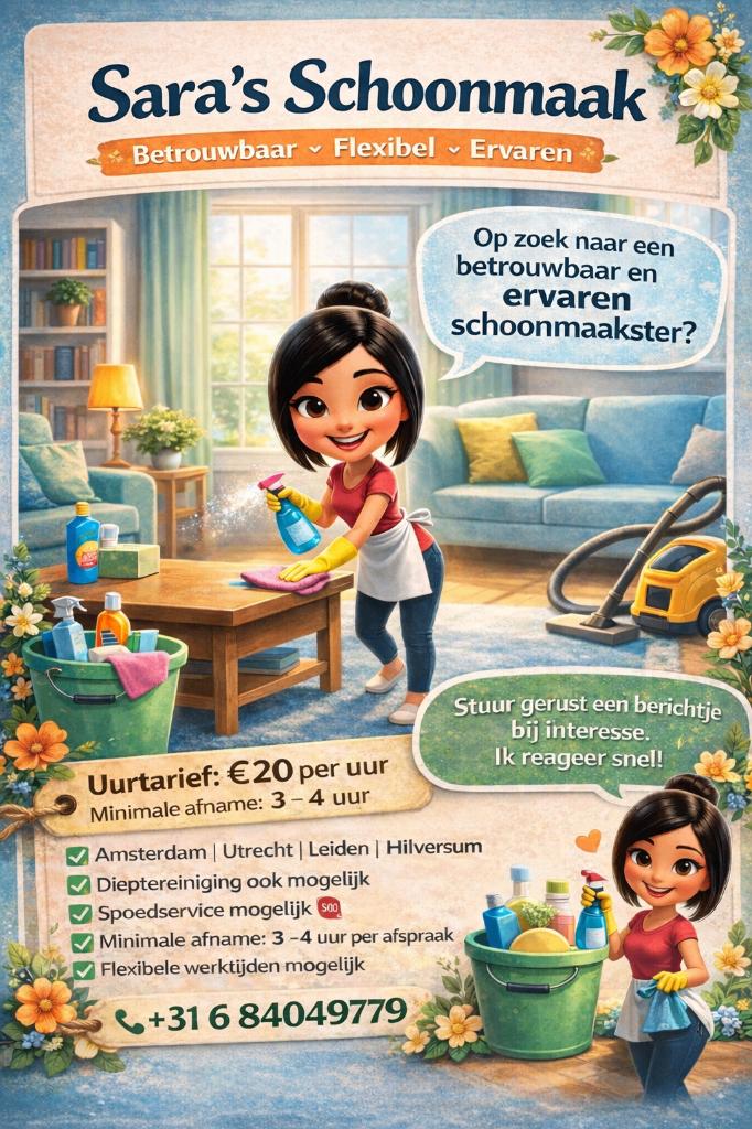 Schoonmaakster / huishoudelijke hulp direct beschikbaar, 33 - 40 uur, Vanaf 10 jaar, Overige vormen