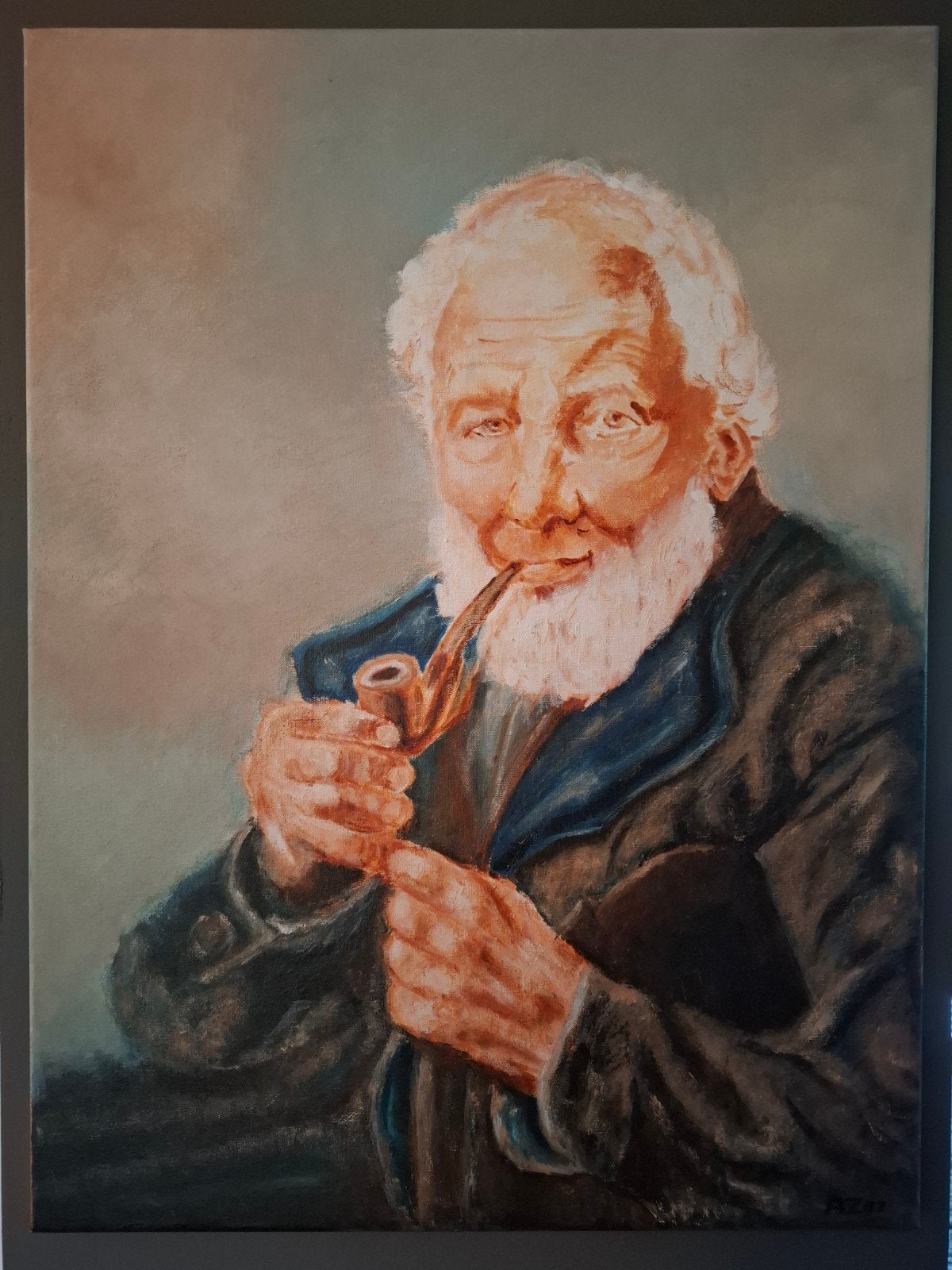 Olieverfschilderij: Oude man met pijp (60x80 cm), Antiek en Kunst, Doek, Portret of Personen, Realistisch, Ophalen of Verzenden