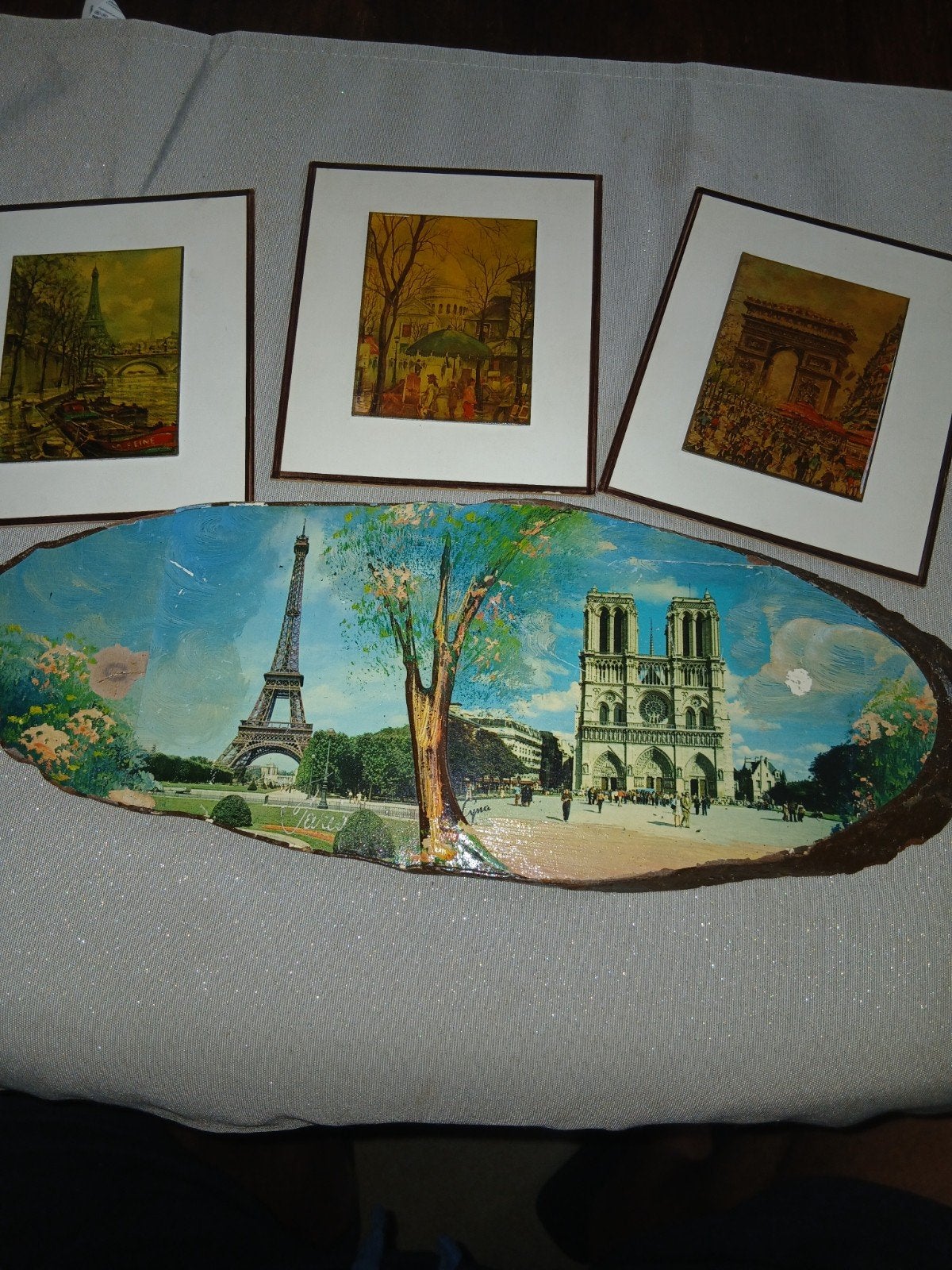 Parijs Panoramisch Kunstwerk op Hout en 3 Prints, Gebruikt, Oorspronkelijke maker, Overige typen, Ophalen of Verzenden
