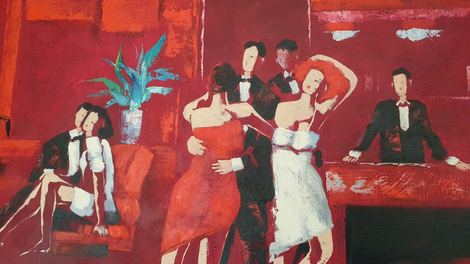 Modern schilderij, dansende figuren in rood interieur, Ophalen, Op houten frame, Olieverf