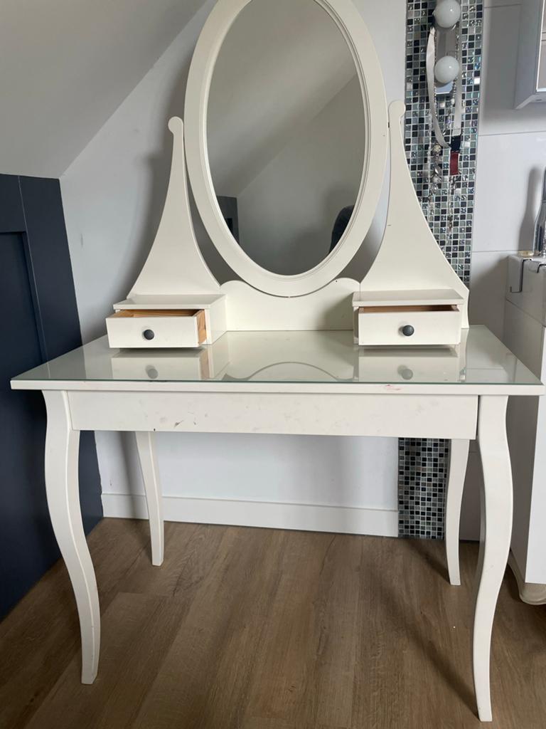 Witte kaptafel met spiegel en lades (Hemnes - Ikea)., Gebruikt, 150 tot 200 cm, Hout, 50 tot 100 cm