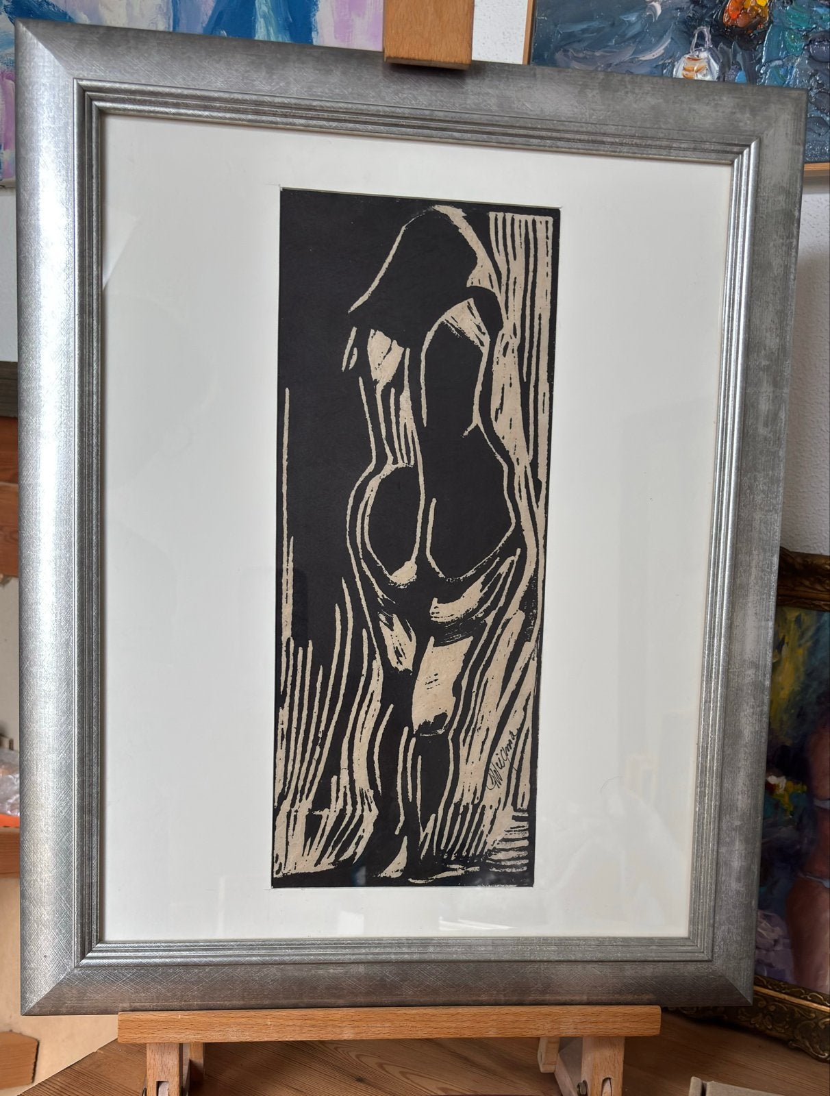 Linosnede Piet Wiegman, model' ingelijst, 15x38 cm (druk), Ophalen, Ingelijst, 1950 - 1999, Overige technieken