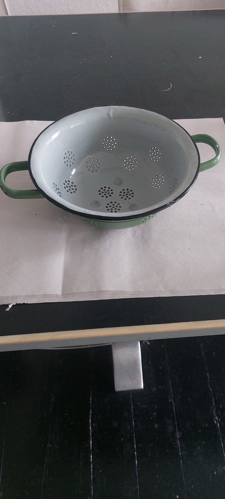 Vintage geëmailleerd vergiet - groen, Ophalen of Verzenden