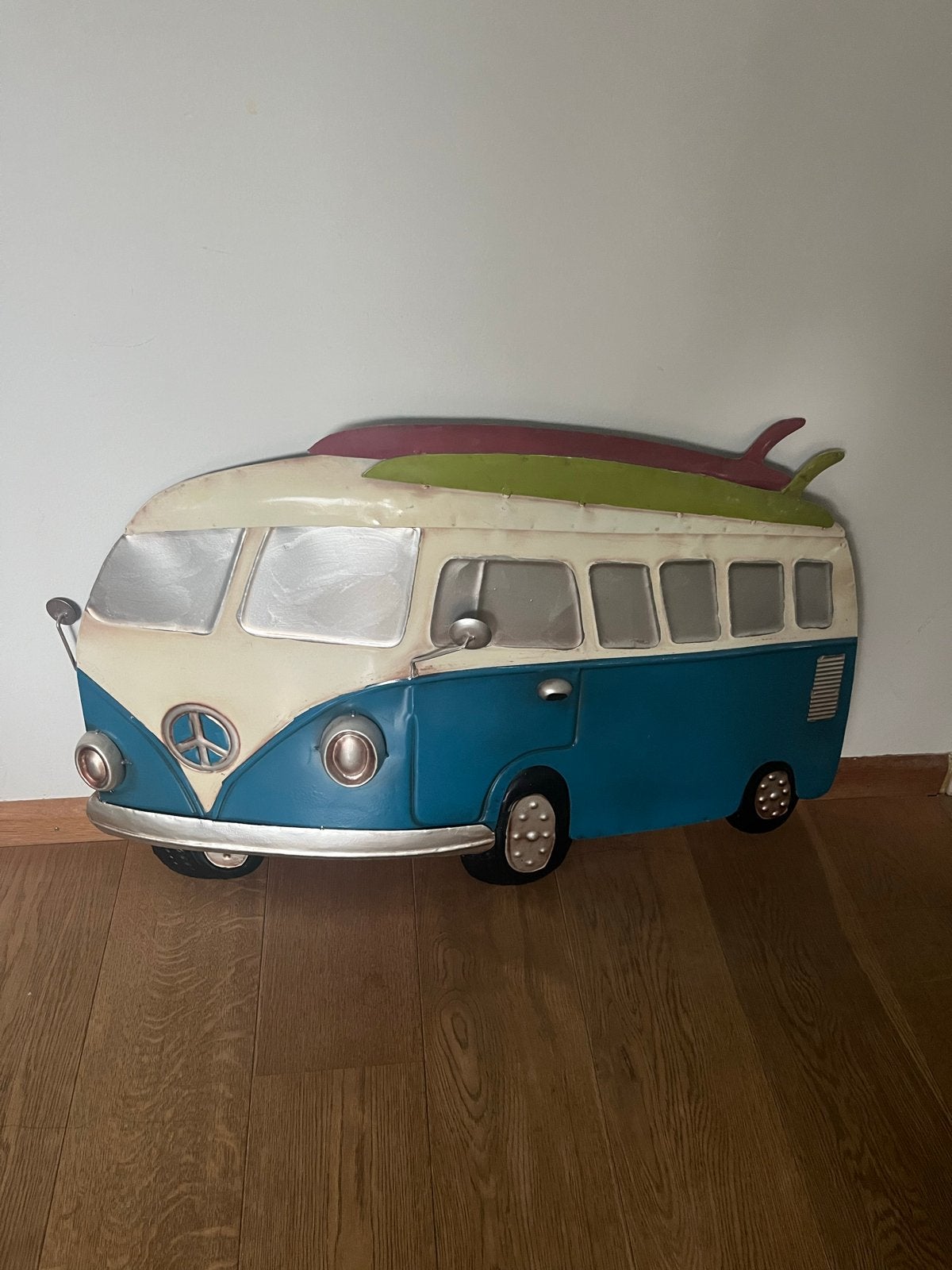Metalen VW bus wanddecoratie met surfplanken, Vintage, Gebruikt, Blauw, Ophalen of Verzenden
