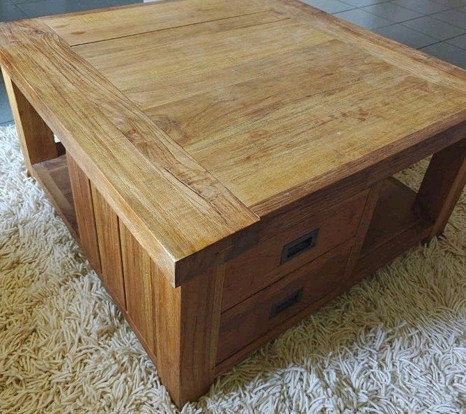Massieve Teakhouten Salontafel met Lades, Ophalen, Gebruikt, 50 tot 100 cm, 50 tot 100 cm