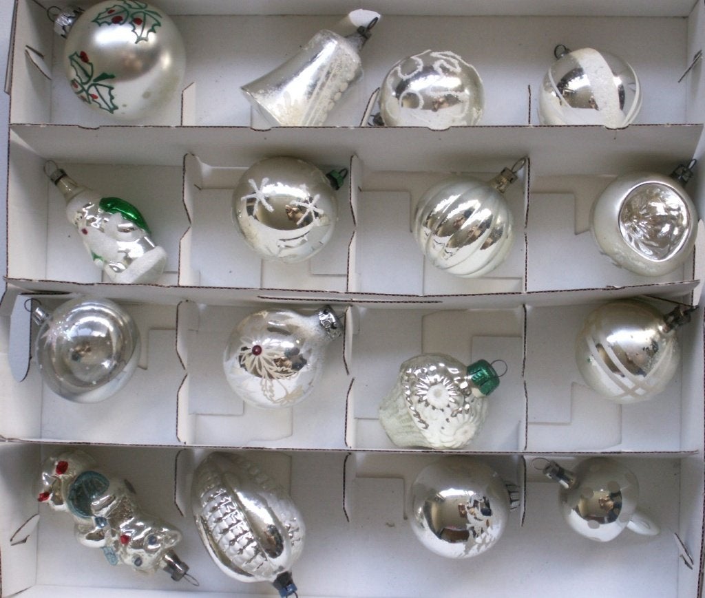12 oude vintage glazen kerstballen, deukballen, klokje, kers, Ophalen of Verzenden, Zo goed als nieuw