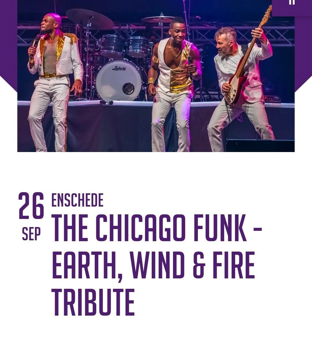3 kaarten Chicago funk earth, wind & Fire tribute, Tickets en Kaartjes, Drie personen of meer, September