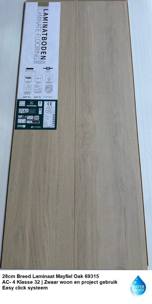 Waterbestendig 28cm breed Laminaat Mayfiel Oak Easy click, 28cm breed waterbestendig laminaat beige, 75 m² of meer, Beige, Nieuw