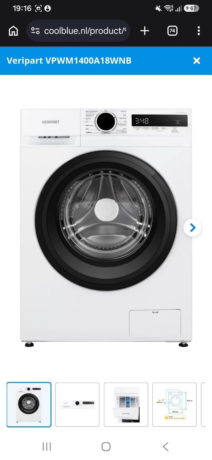 Veripart wasmachine VPWM1400A18WNB, Witgoed en Apparatuur, Wasmachines, Ophalen, Minder dan 85 cm, Nieuw, 1200 tot 1600 toeren