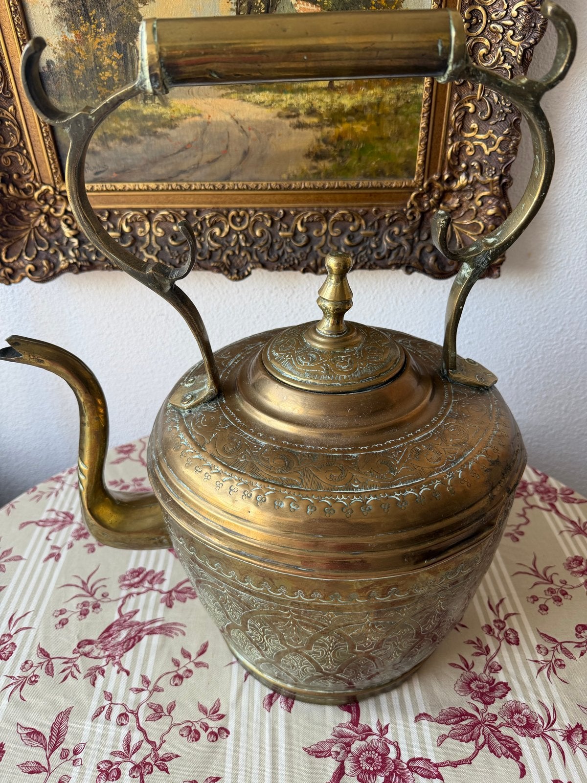 Antieke koperen theepot met gravures, Ophalen of Verzenden, Koper