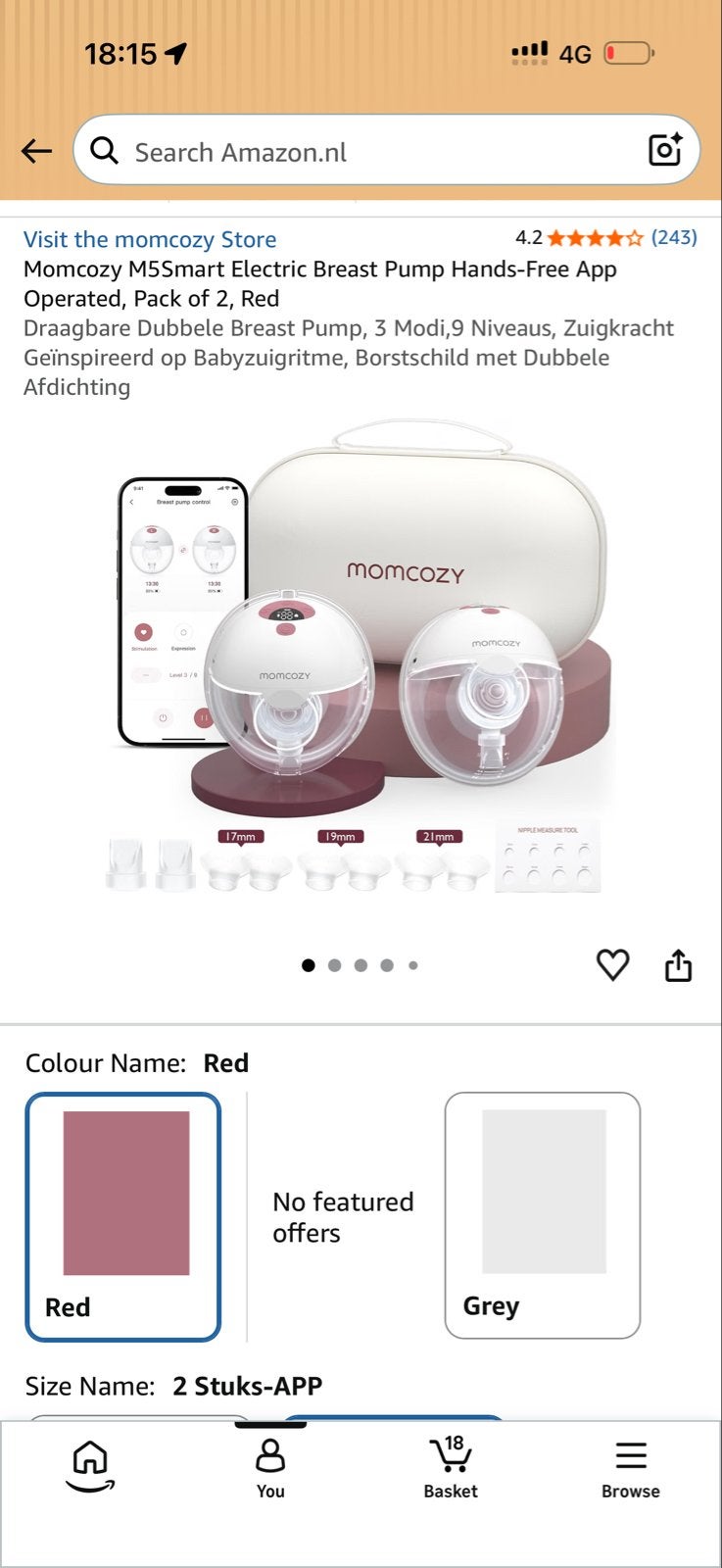 Momcozy M5Smart Elektrische Borstkolf Handsfree - Rood, Ophalen of Verzenden, Nieuw