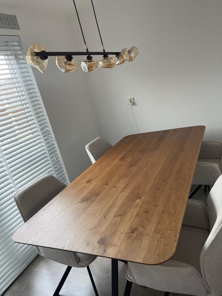 Moderne eettafel met eiken blad en metalen onderstel, Huis en Inrichting, Tafels | Eettafels, Ophalen, Eikenhout, 50 tot 100 cm