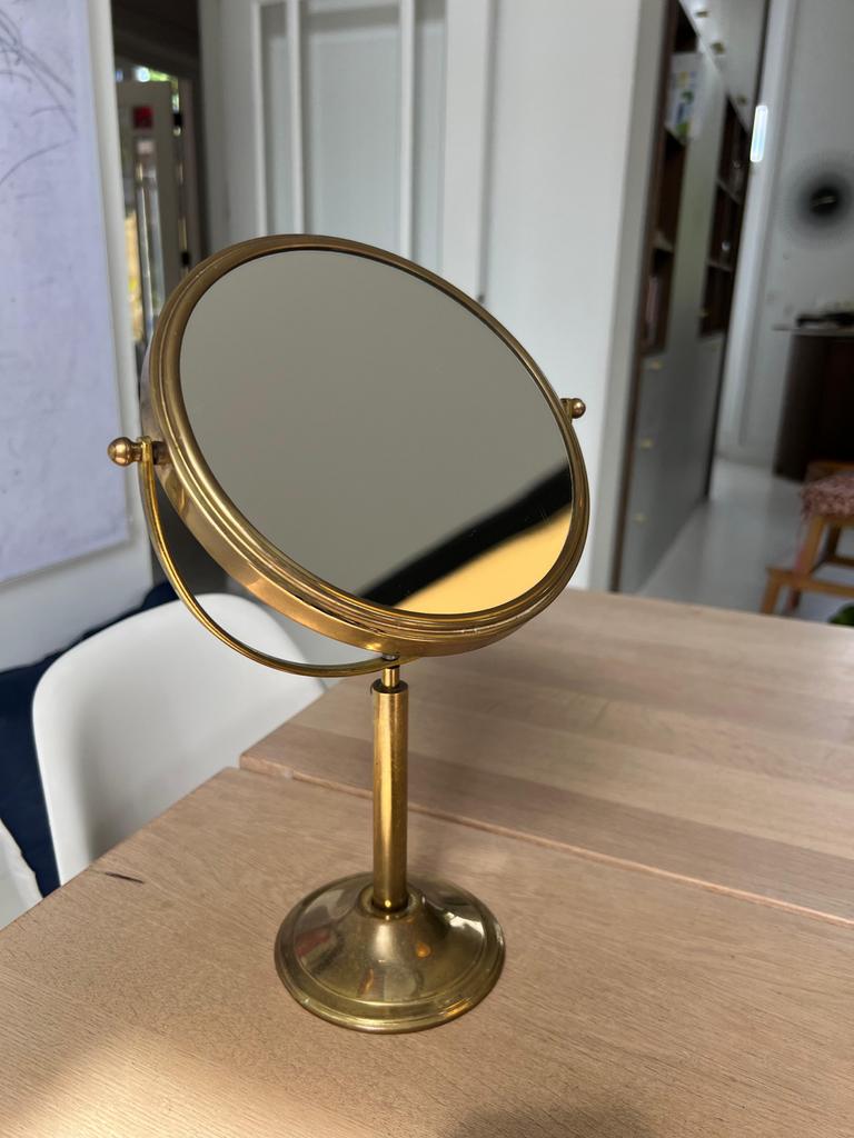 Vintage Messing Scheerspiegel/ make up - met vergrootspiegel, Ophalen of Verzenden, Rond, Minder dan 50 cm, Minder dan 100 cm