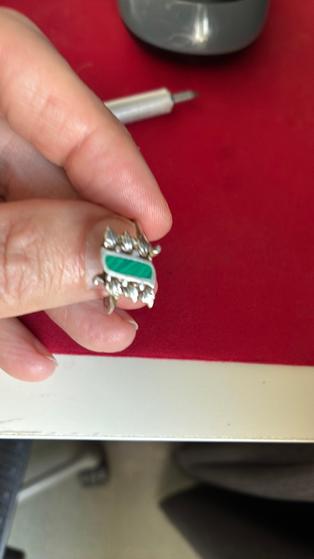 Zilver ring 19,5 mm malachiet steen groen, Gebruikt, 19 tot 20, Ophalen of Verzenden, Dame