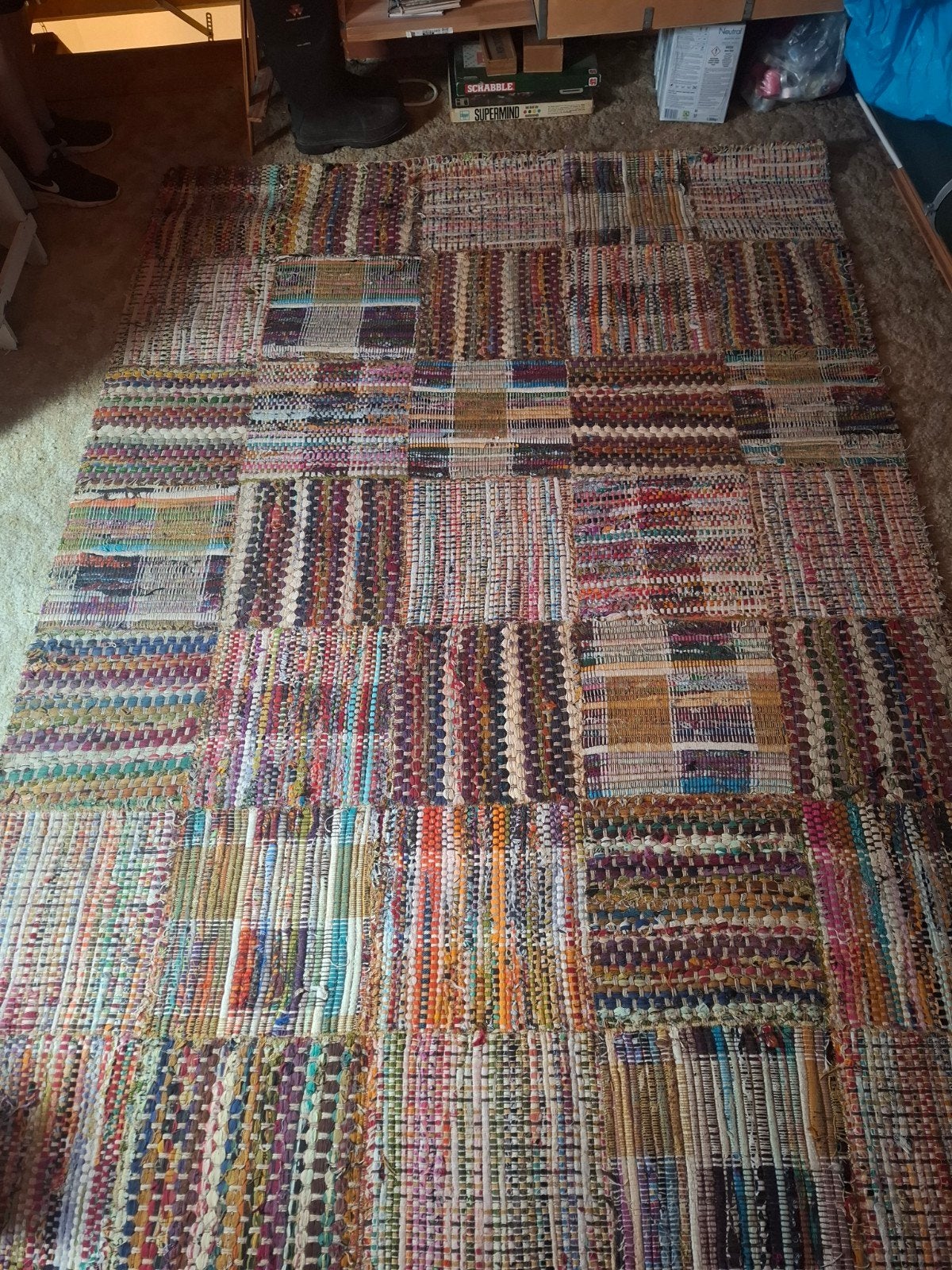 Kleurrijk geweven vloerkleed - Handgemaakt, Huis en Inrichting, Ophalen, 100 tot 150 cm, Bohemian, Eclectisch, Handgemaakt, Geel