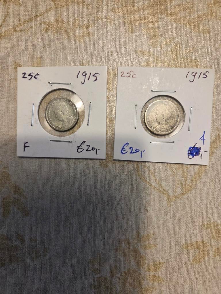 2x 25 cent 1915 Koningin Wilhelmina zilveren munten, Postzegels en Munten, Munten | Nederland, Ophalen of Verzenden, Koningin Wilhelmina