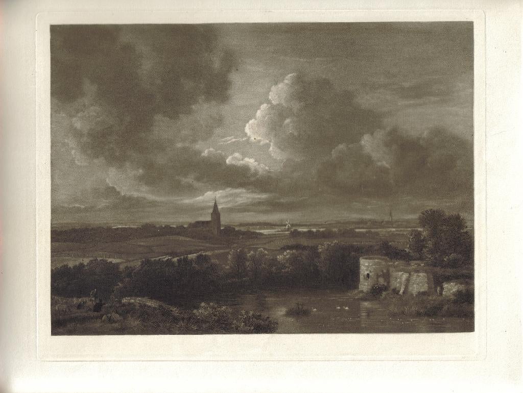 N. Murray naar Ruysdael mezzotint Landscape Village Churches, Ophalen, Landschap, Overige technieken, Origineel