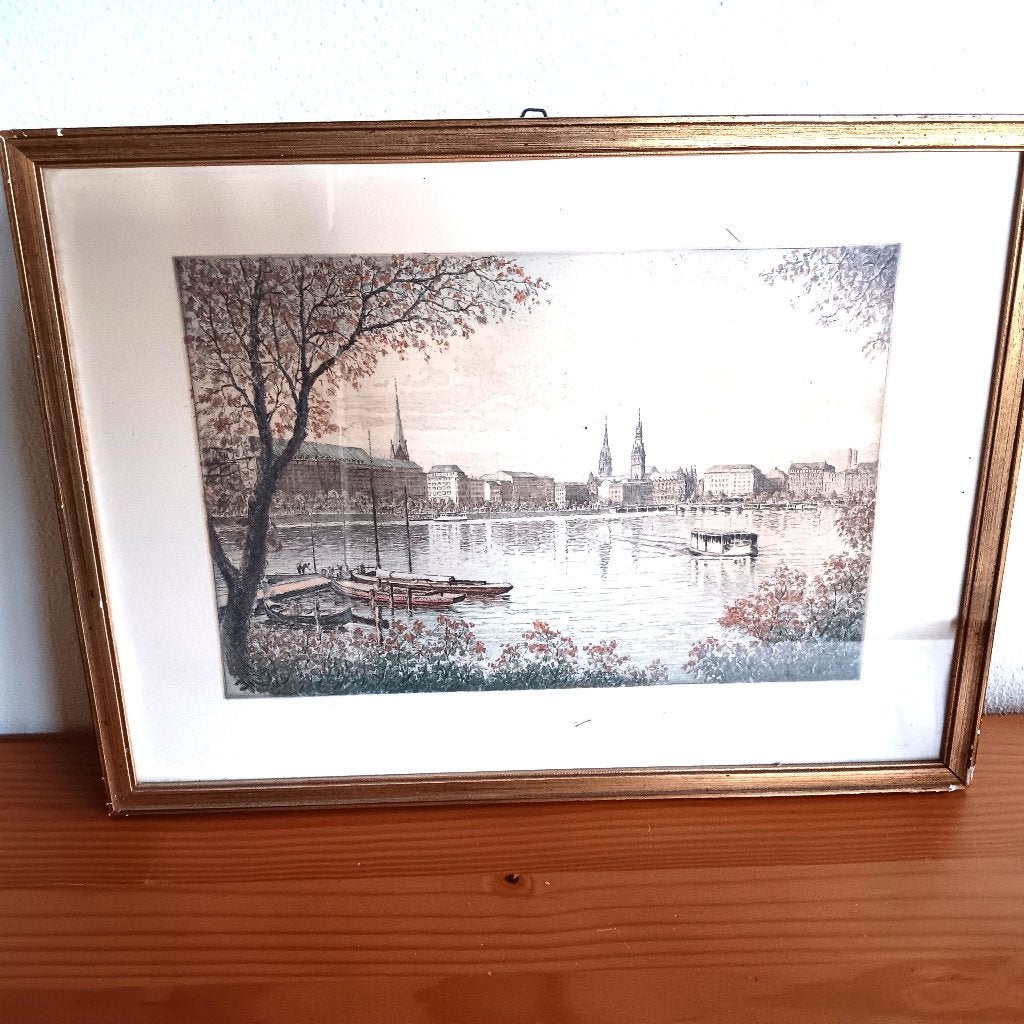 Vintage ingelijste prent van Hamburg, gesigneerd., Ophalen of Verzenden