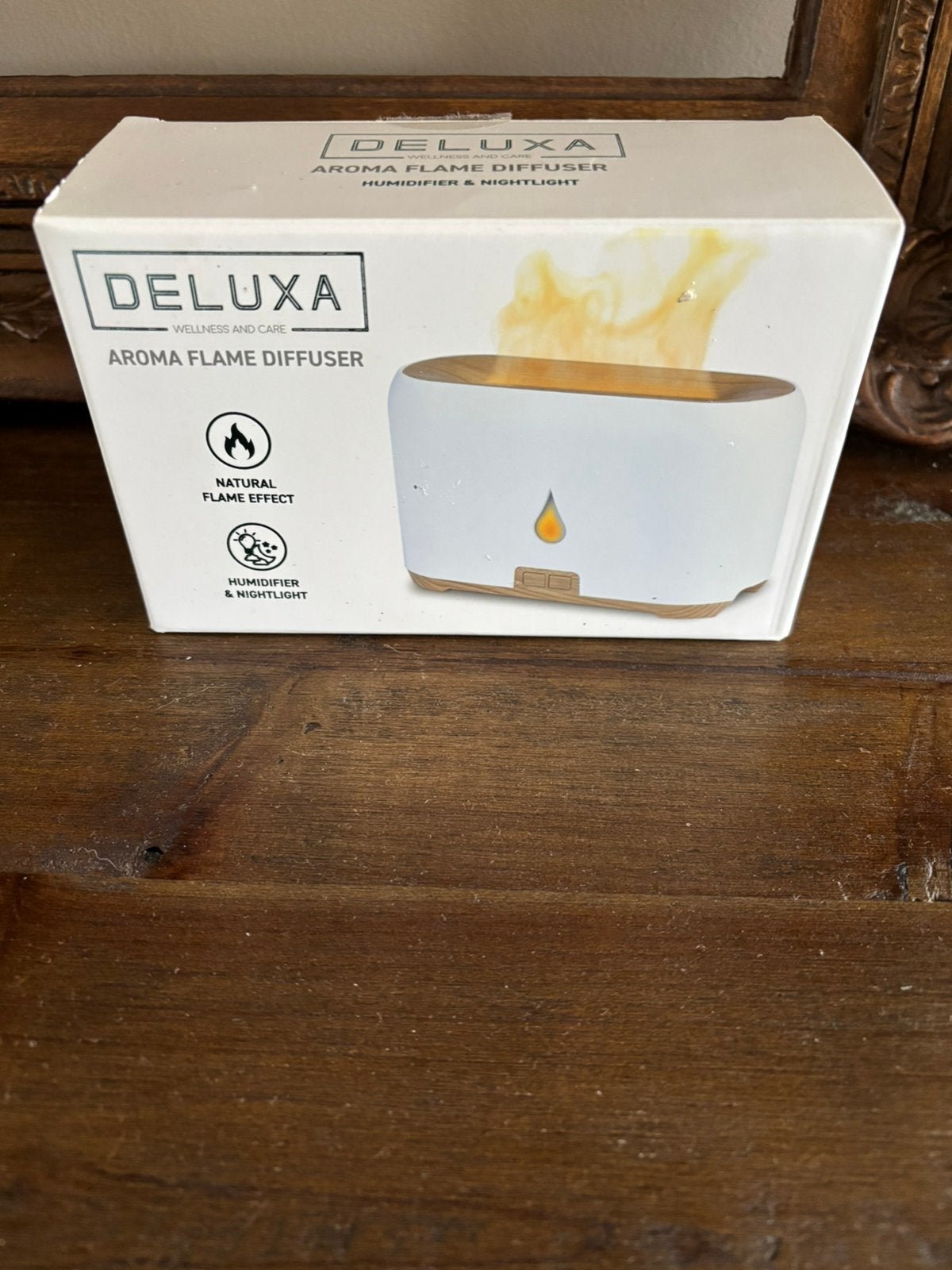 Deluxa Vlam aroma Diffuser Luchtbevochtiger Wit/Houtlook, Ophalen of Verzenden, Zo goed als nieuw
