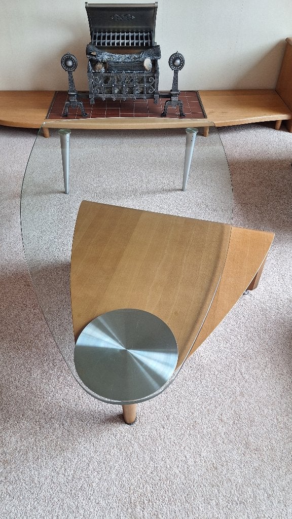 Moderne salontafel met glazen blad en houten draaibare tafel, Ophalen, 50 tot 100 cm, 150 tot 200 cm, Minder dan 50 cm