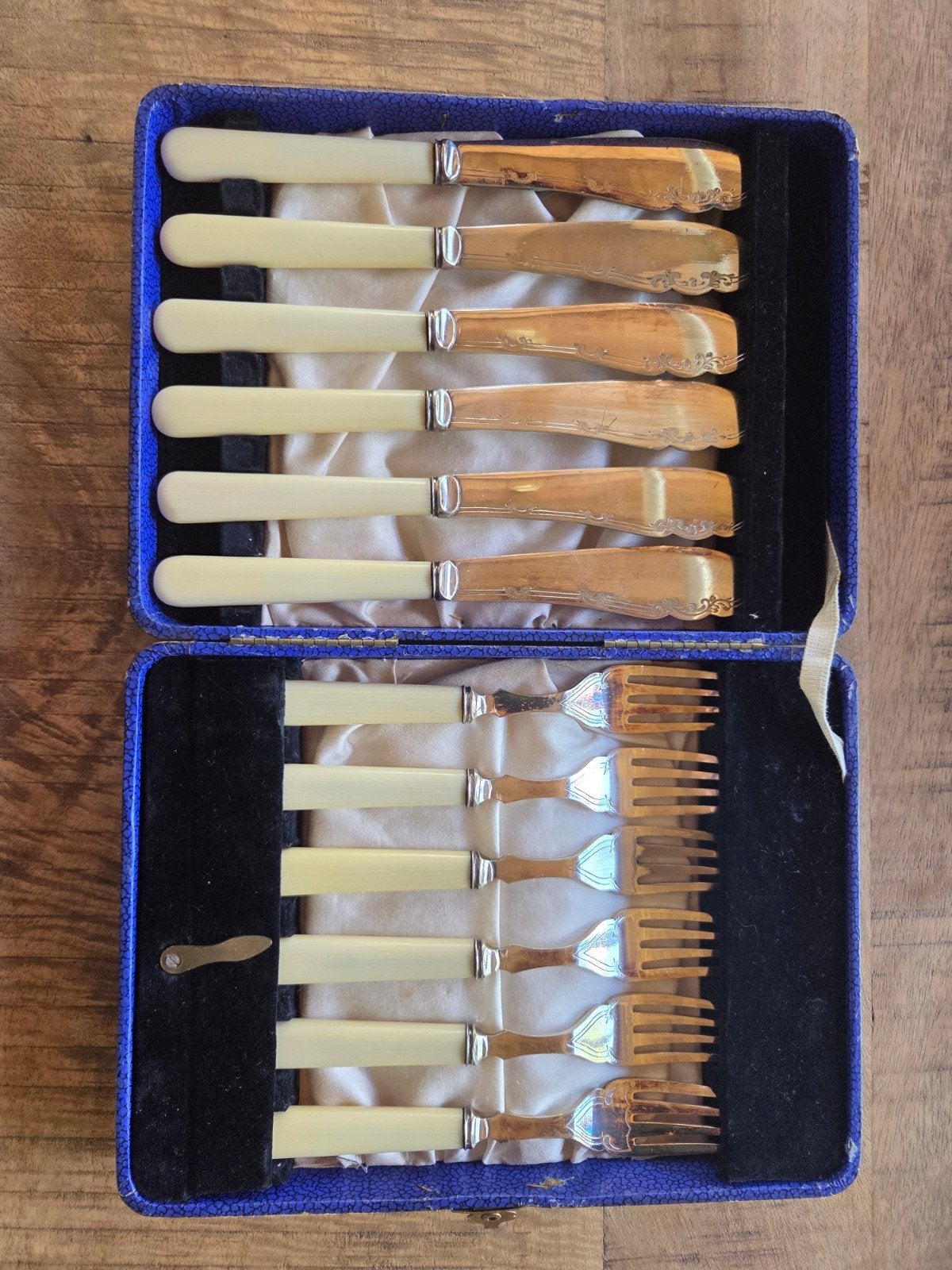 Antiek verzilverd visbestek set in originele doos, Ophalen of Verzenden