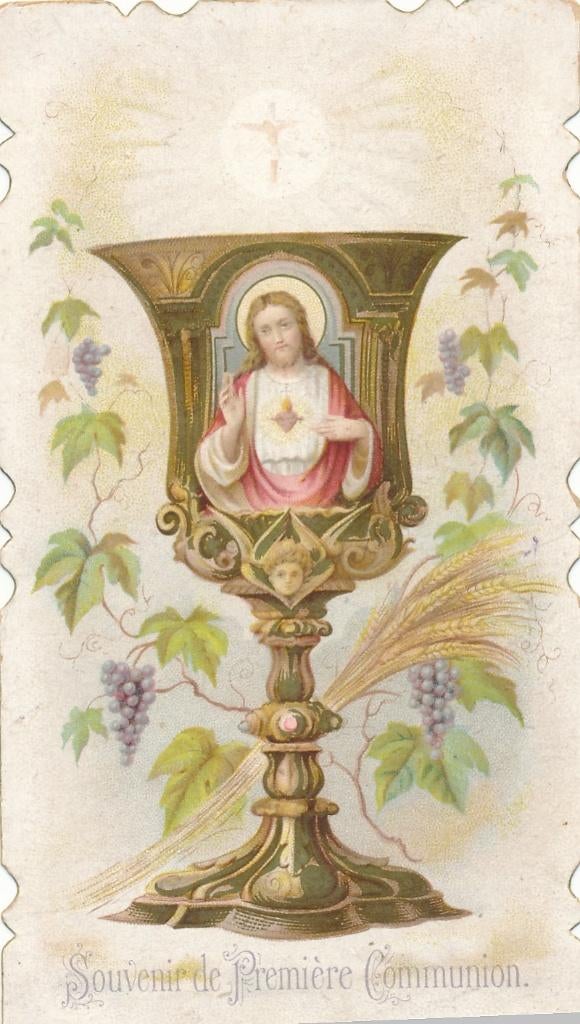 Prachtig oud devotieprentje Met Kelk en H. Hart, Ophalen of Verzenden, Zo goed als nieuw, Kaart of Prent, Christendom | Katholiek