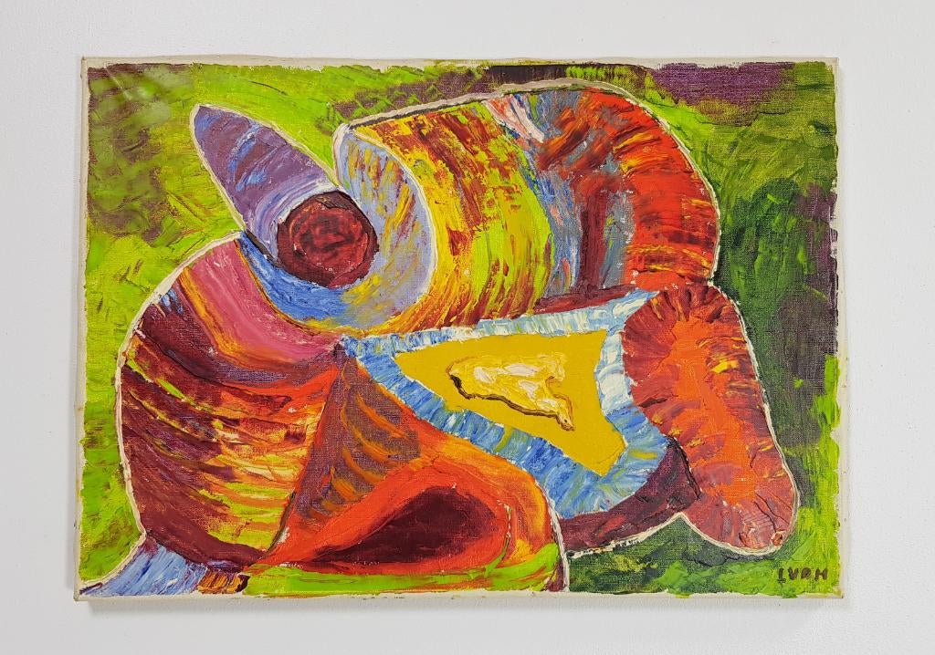 Abstract modern schilderij L.vd Heuvel doek cobra ’60 uniek, Antiek en Kunst, Ophalen of Verzenden