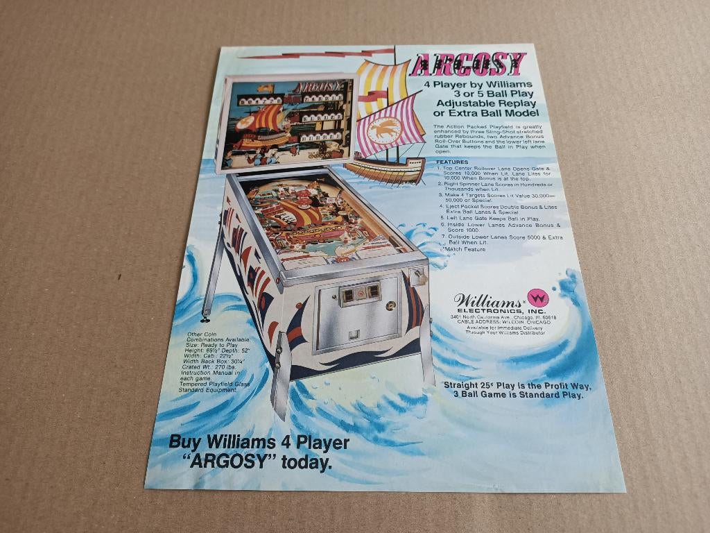Flyer: Williams Argosy (1977) Flipperkast, Gebruikt, Verzenden, Elektronisch, Williams