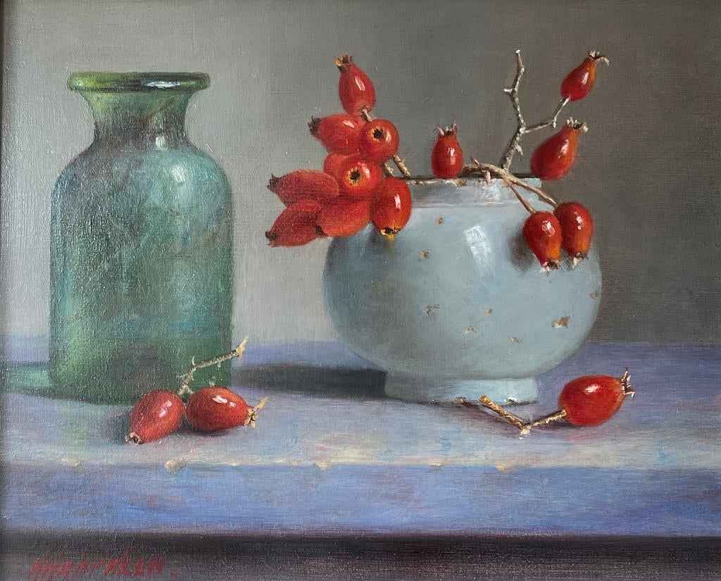 Schilderij rozenbottels in een kom en een vaas.Hans Habraken, Antiek en Kunst, Ophalen of Verzenden