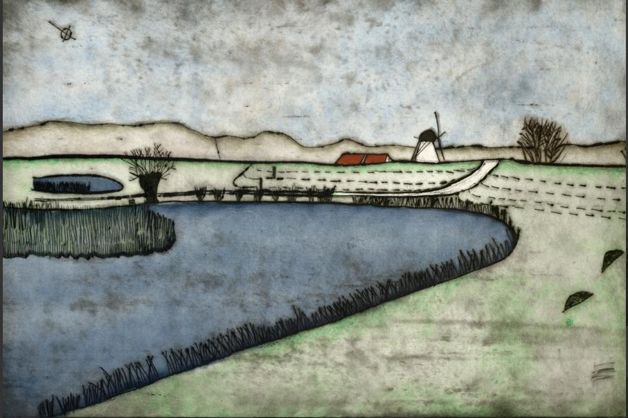 Origineel ingelijste landschap-ETS van Jan Ritzema, Antiek en Kunst, Ophalen