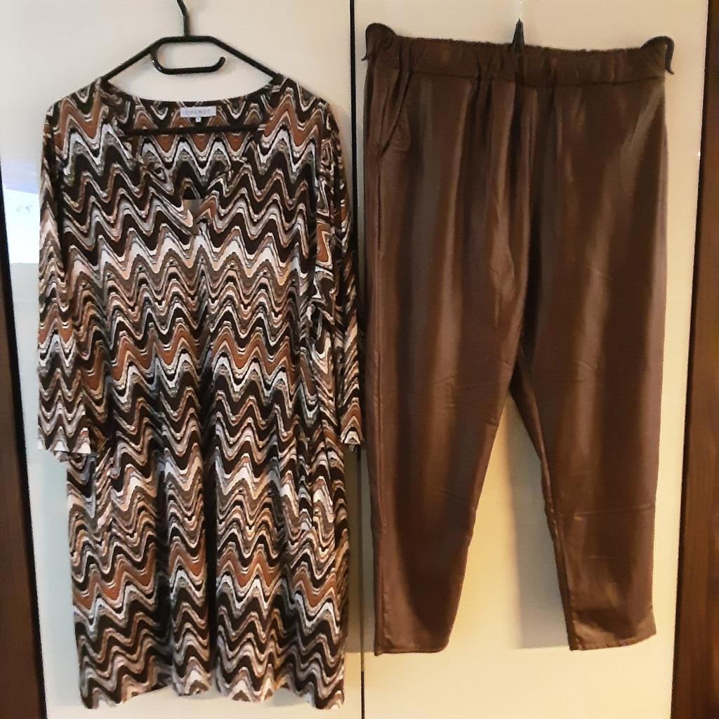 Set Zhenzi tuniek L en lederlook bruine broek maat 50 - 52, Zhenzi, Bruin, Blouse of Tuniek, Ophalen of Verzenden