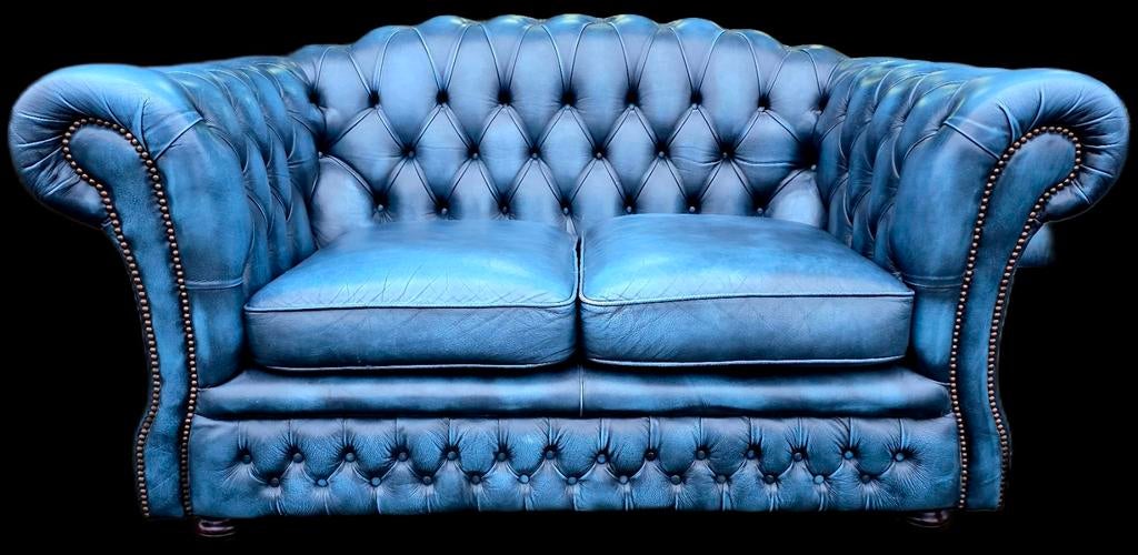 Chesterfield 2 zit bank blauw leer + BEZORGING GRATIS, Huis en Inrichting, Gebruikt, ., 150 tot 200 cm, Chesterfield