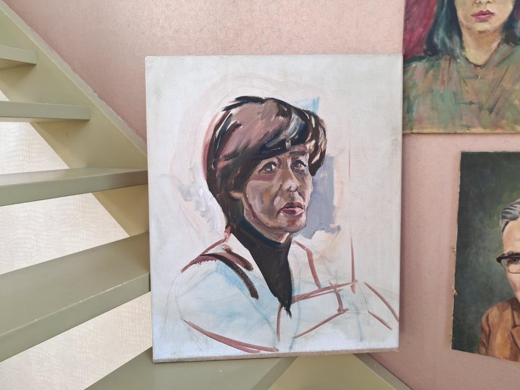 Schilderij dame vrouwengezicht 50 x 60 vintage midcentury, Ophalen of Verzenden