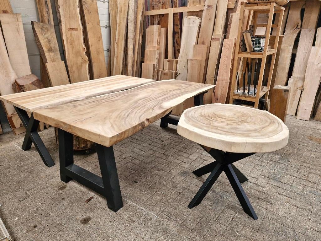 Boomstam tafels en ronde schijven van suar, teak enz, Huis en Inrichting, Ophalen, Vijf personen of meer, Rechthoekig, Eikenhout