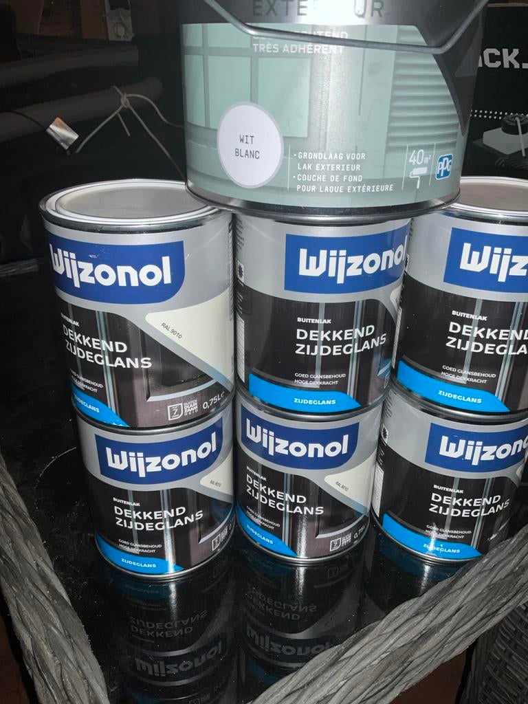 Wyzonol dekkend 9010 zijdeglans 6 voor 80 euro, Ophalen of Verzenden, Nieuw, Wit