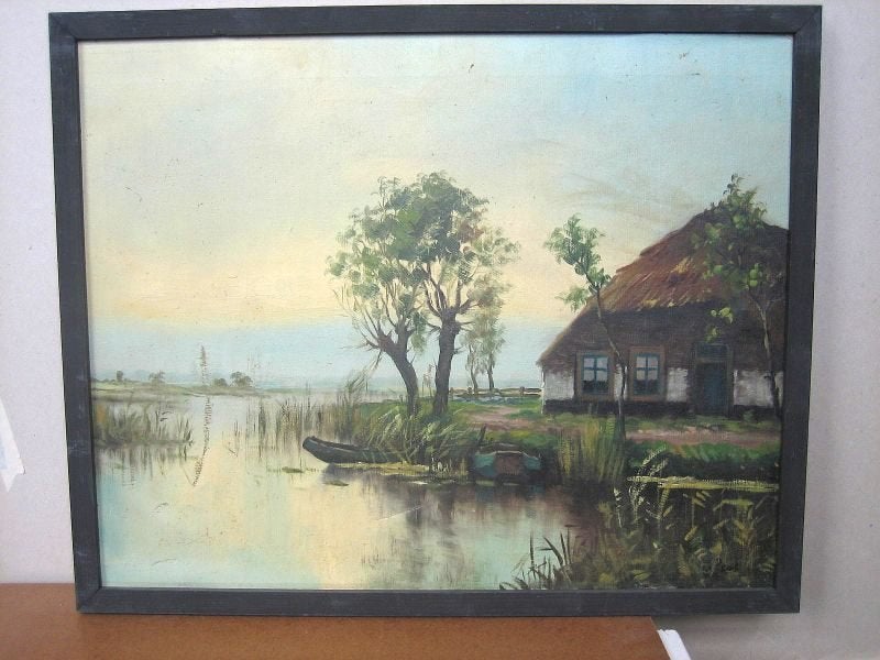 Schilderij Boerderij aan water met 2 knotwilgen, Ingelijst, Ophalen of Verzenden, Olieverf, Klassiek