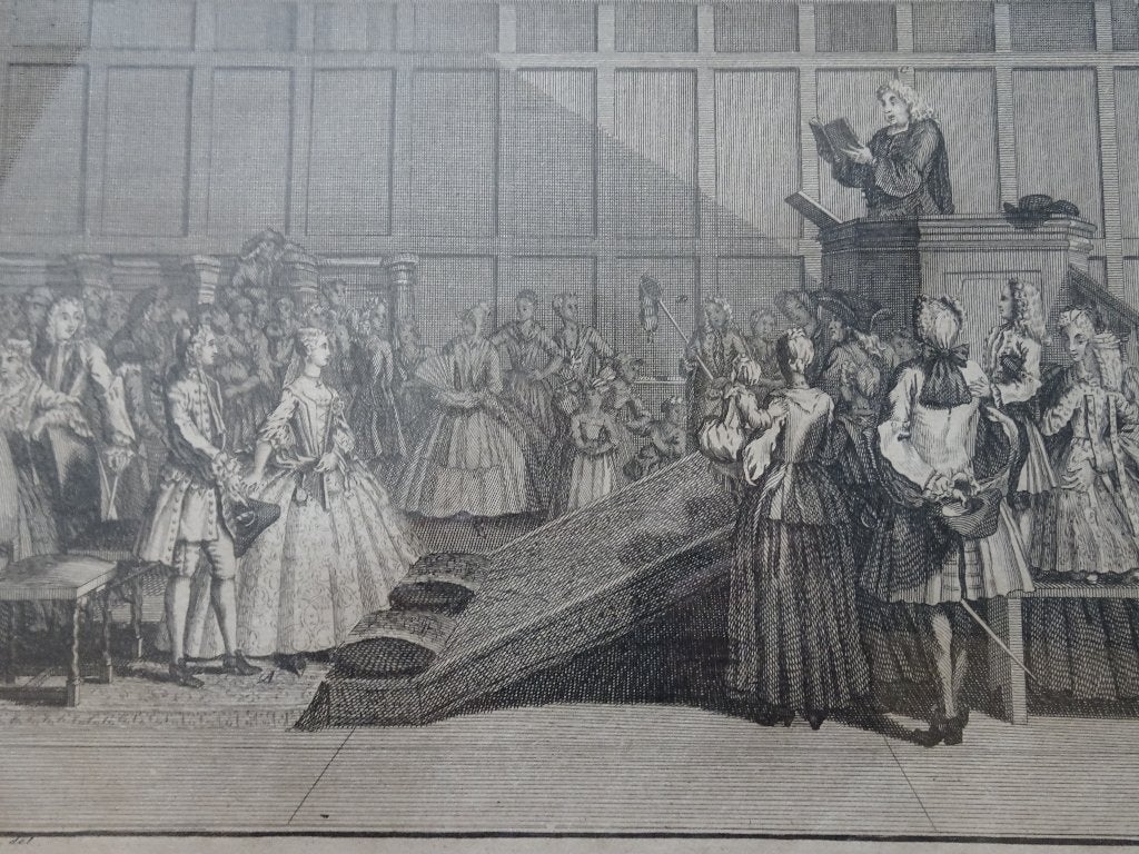 gravure huwelijksceremonie Gereformeerden Amsterdam 1730, Dagelijks leven, Verzenden, Gravure, Origineel