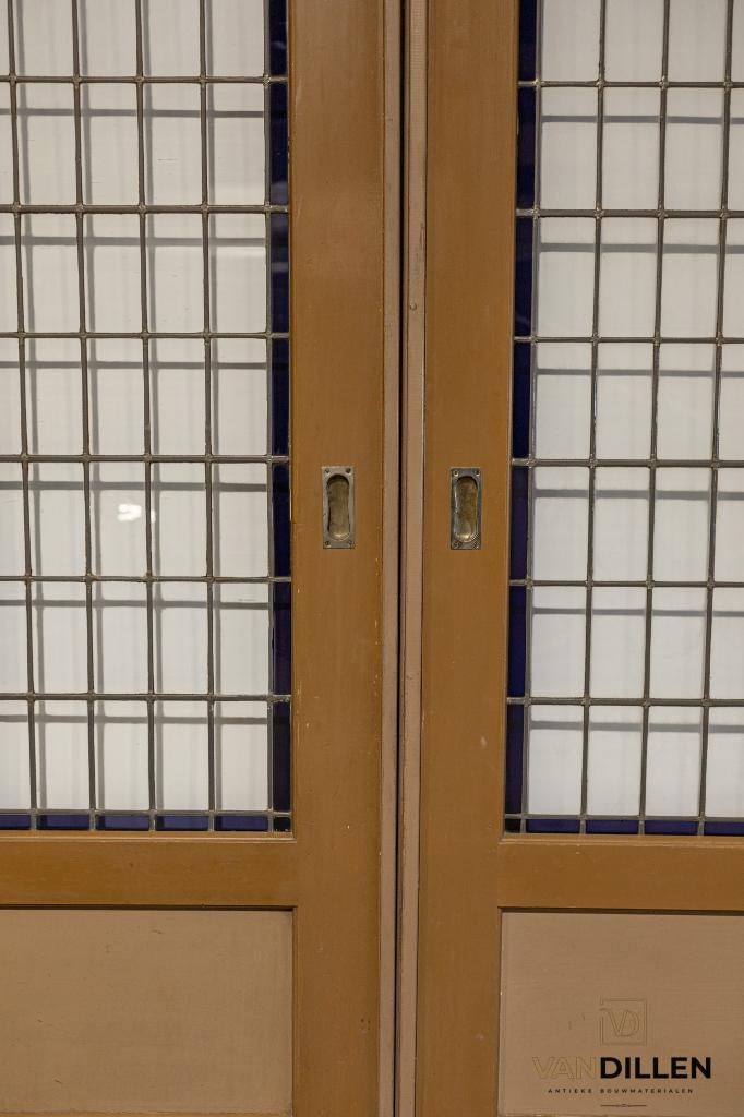 Oude ensuite schuifdeuren glas in lood in topstaat, 120 cm of meer, Binnendeur, Ophalen of Verzenden, 200 tot 215 cm
