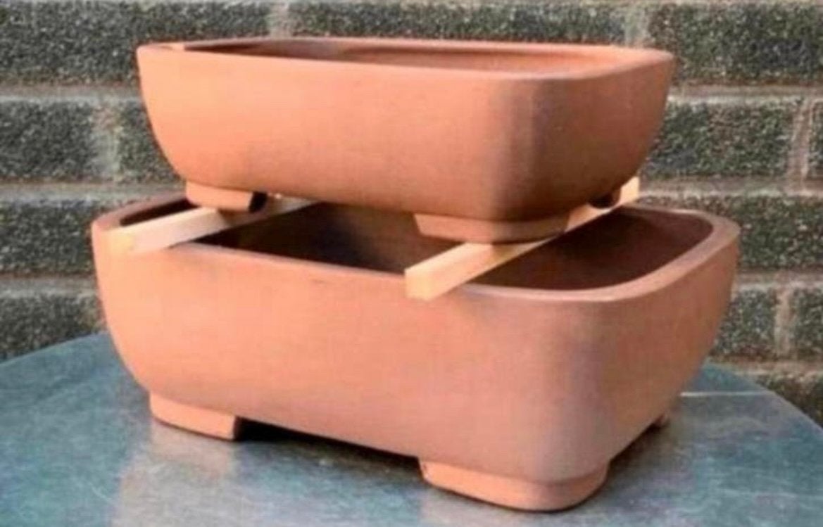 Bonsai schalen set bruin ongeglazuurd gemerkt aardewerk., Nieuw, Ophalen of Verzenden, Aardewerk, Rechthoekig