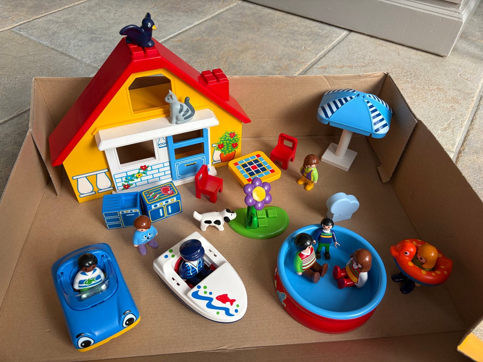 Playmobil 1.2.3 Huis met Auto, Boot en Figuren - Set 9527, Gebouw, Complete set, 1.2.3, Ophalen of Verzenden