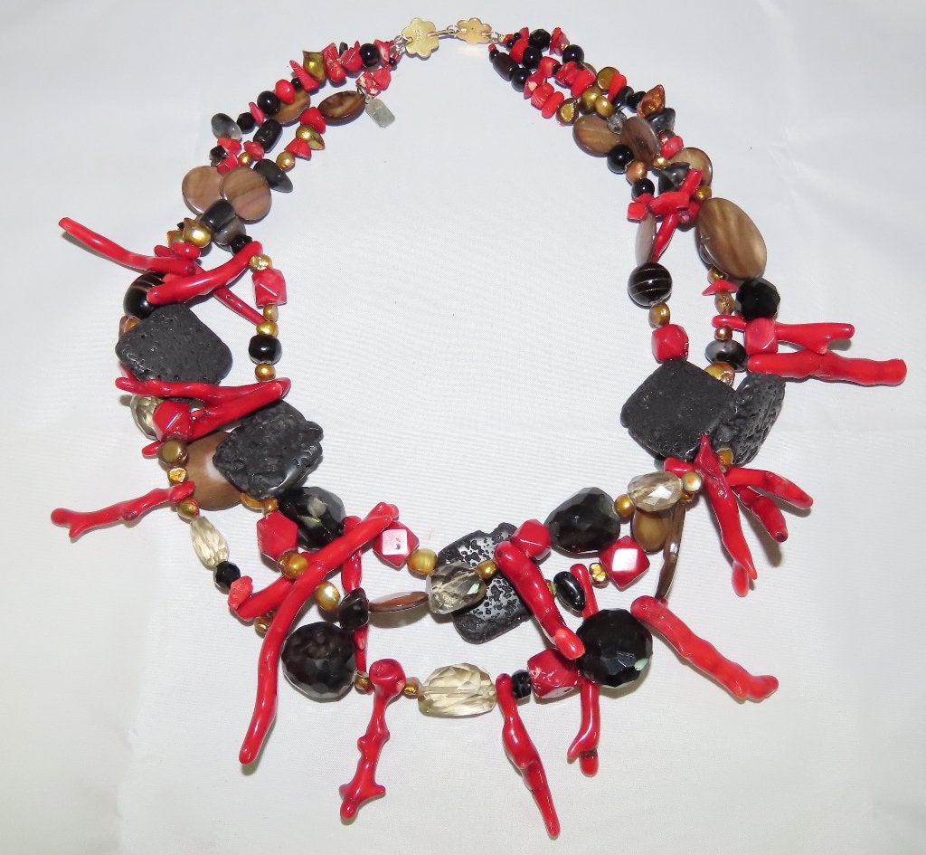 Ketting, koraal, parels, git, rookkwarts, agaath, lavasteen, Verzenden, Zo goed als nieuw, Steen of Mineraal, Met edelsteen