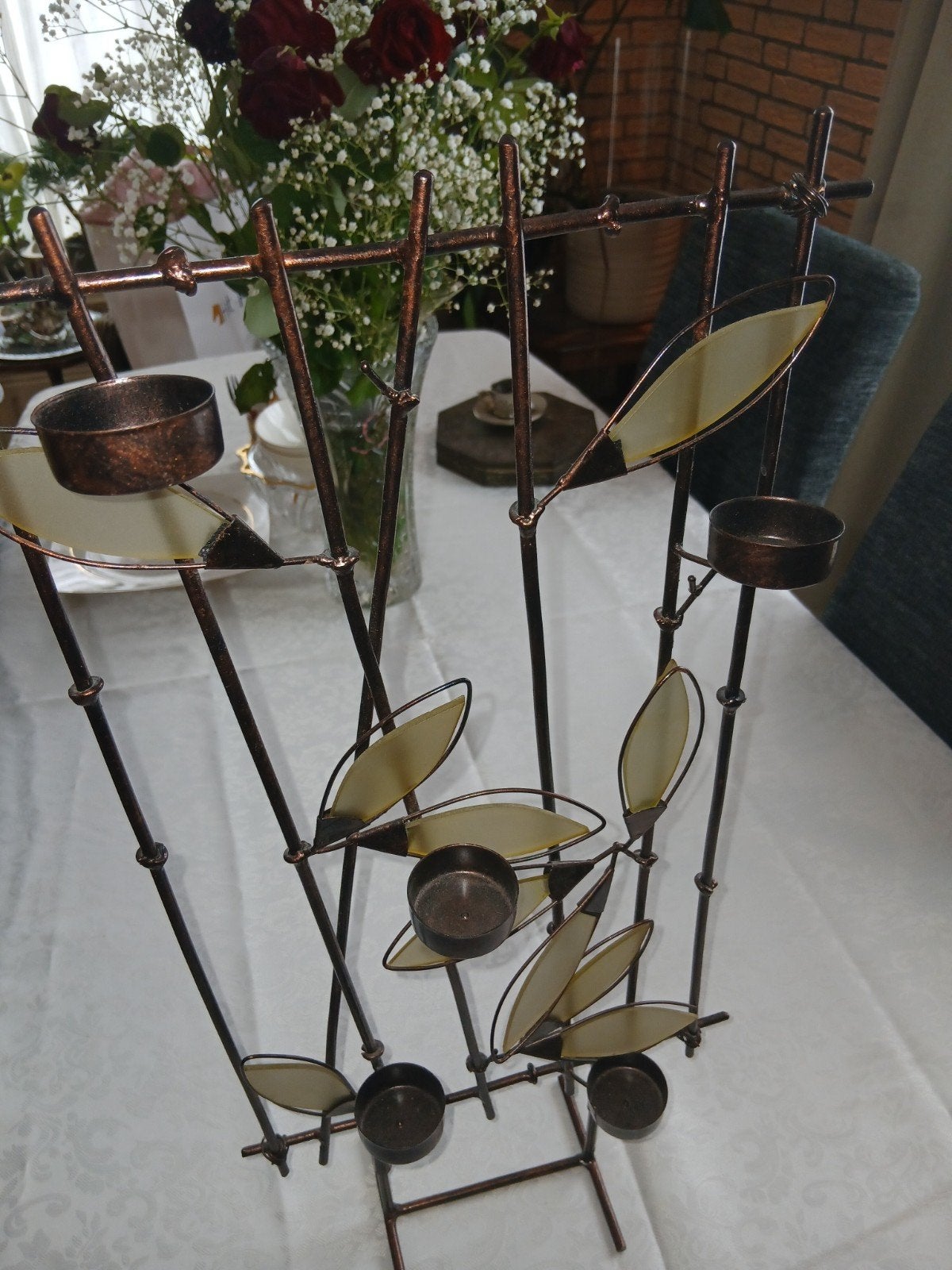 Decoratieve metalen kandelaar met bladeren, Bruin, Ophalen of Verzenden, Zo goed als nieuw, Metaal