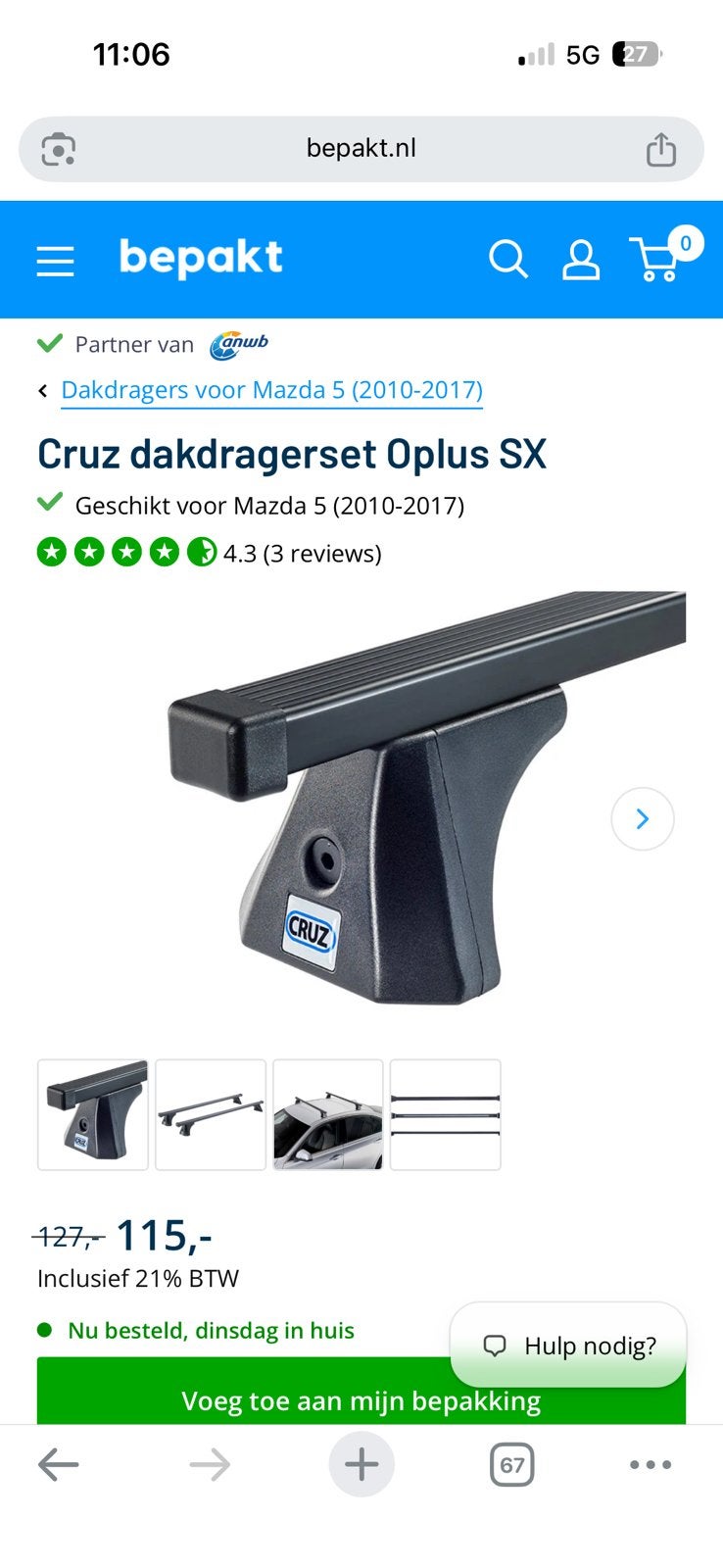 Cruz Dakdragers Mazda 5 2012, Auto diversen, Dakdragers, Ophalen of Verzenden, Gebruikt