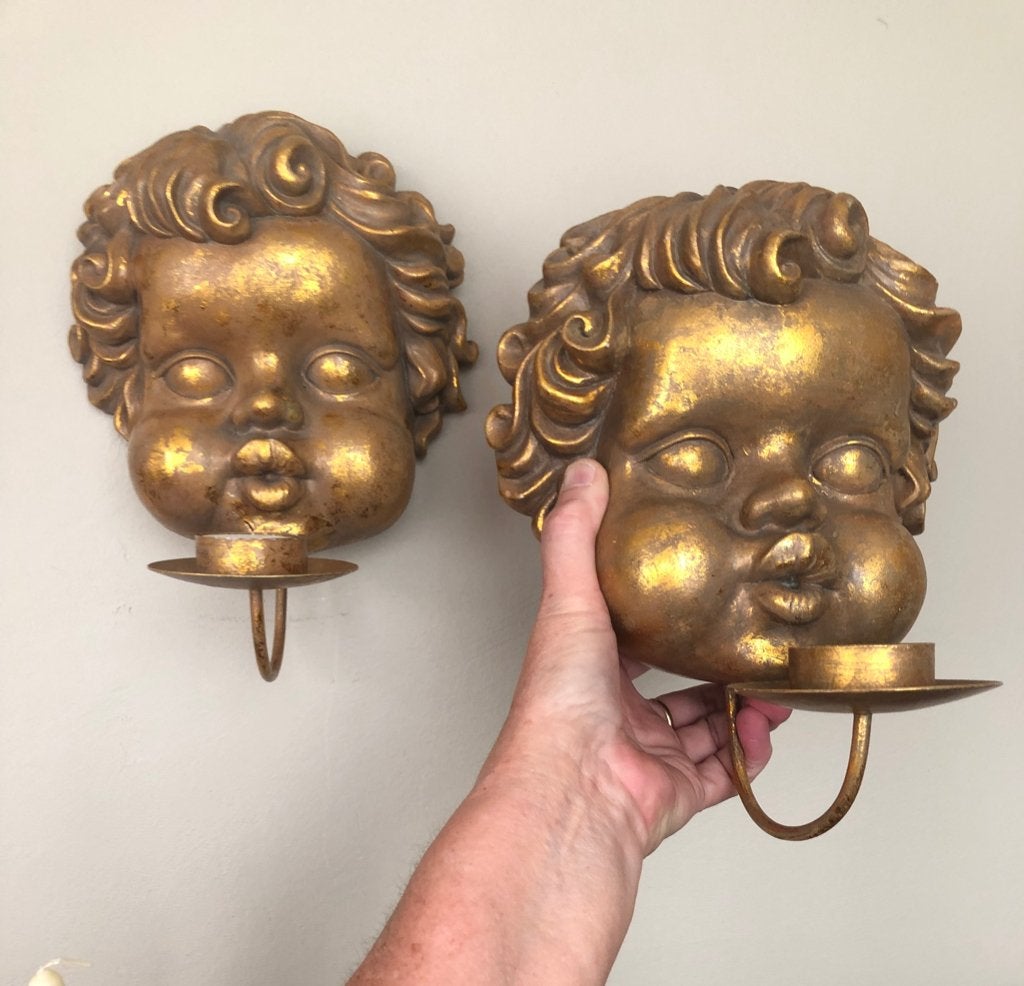 2 wanddecoraties  Engel/cherubijn kopjes kandelaar waxine, Kunststof, Waxinelichthouder, Ophalen of Verzenden, Zo goed als nieuw