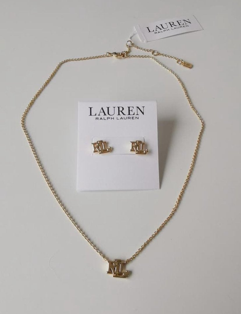 Gloednieuwe Ralph Lauren sieradenset (ketting en oorbellen), Ophalen of Verzenden, Nieuw, Goud, Overige materialen