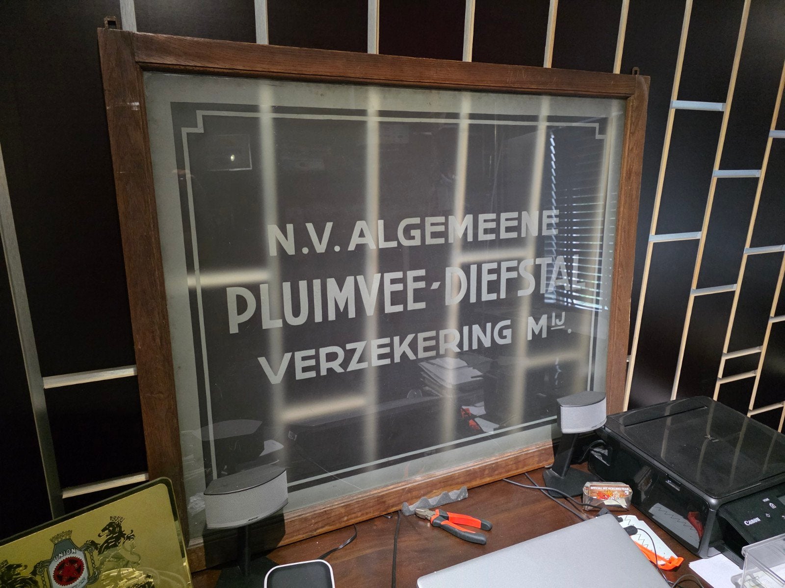 Antiek glazen  reclamebord N.V. Algemeene Pluimvee-Diefstal, Verzamelen, Ophalen, Gebruikt, Reclamebord