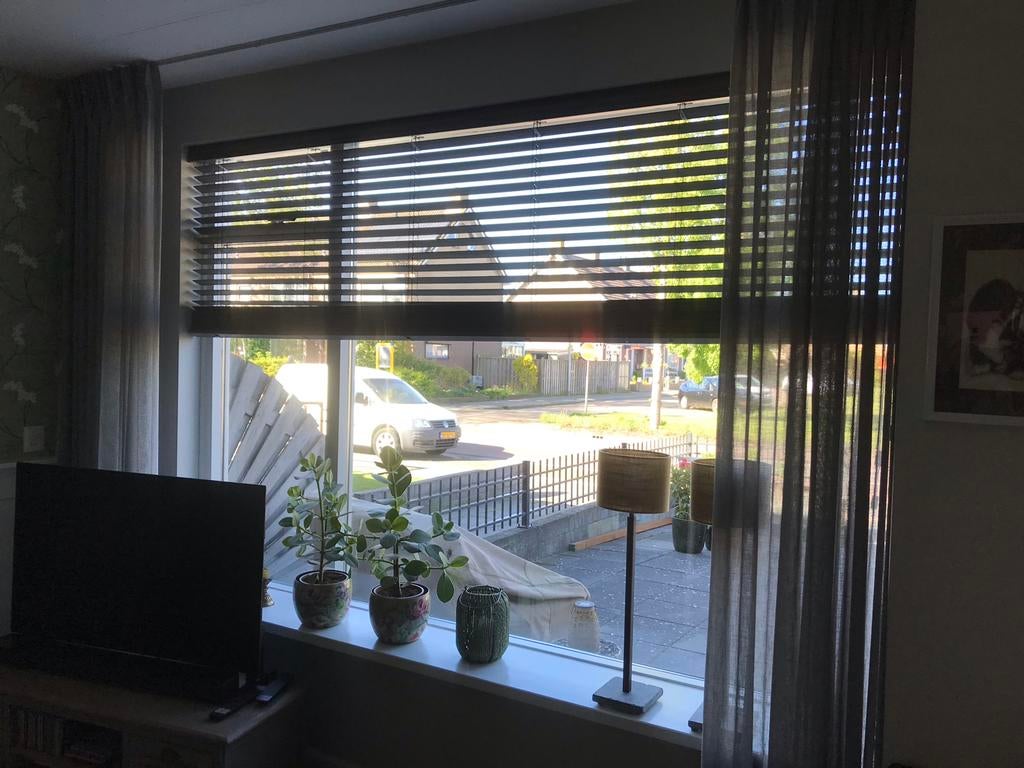 Prachtige donkerbruine houten jaloezie 2.71 B x 1.71 H, Huis en Inrichting, Jaloezie, Bruin, 171 cm, Hout