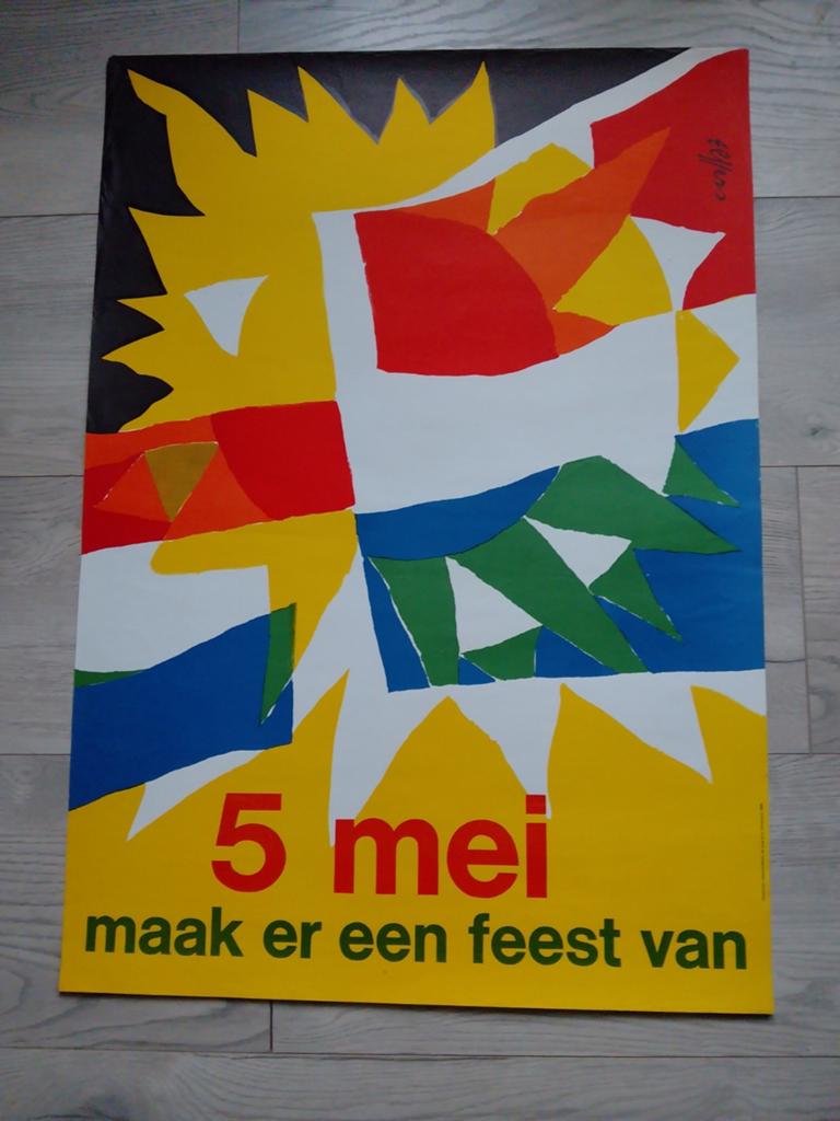 Vintage 5 mei Bevrijdingsdag poster 'Maak er een feest van', Rechthoekig Staand, Ophalen of Verzenden, Zo goed als nieuw, A1 t/m A3